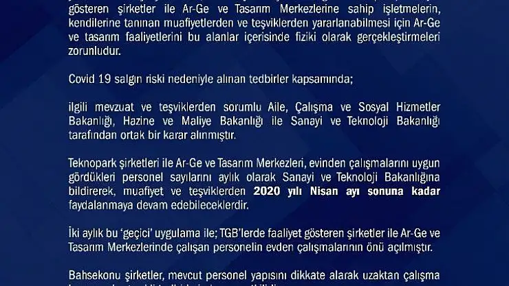 Teknopark Şirketleri ve Ar-Ge Tasarım şirketlerinde çalışanlar evden çalışabilecek