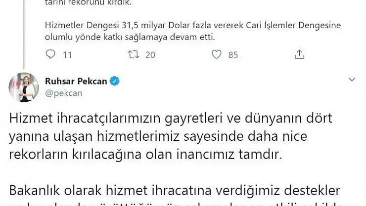 Ticaret Bakanı Pekcan: 'Hizmet ihracatında Cumhuriyet tarihi rekorunu kırdık'