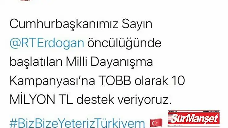 TOBB Başkanı Hisarcıklıoğlu'ndan 'Biz Bize Yeteriz Türkiyem' kampanyasına destek