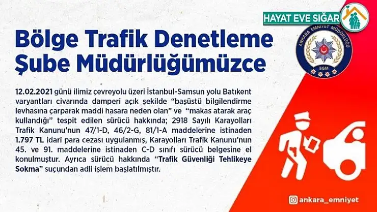 Trafikte dehşet saçan kamyon şoförüne ceza yağdı