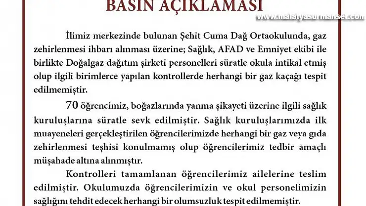 Valilikten açıklama: 'Öğrencilerimize herhangi bir gaz veya gıda zehirlenme teşhisi konulmamıştır'