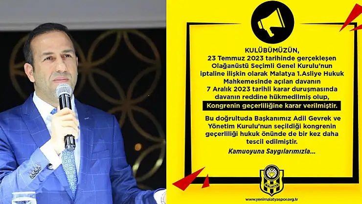 Yeni Malatyaspor'da Adil Gevrek Mahkemeyi Kazandı