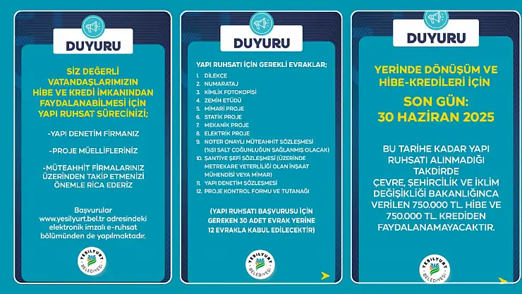Yerinde Dönüşüm ve Hibe-Kredileri İçin Son Gün 30 Haziran 2025