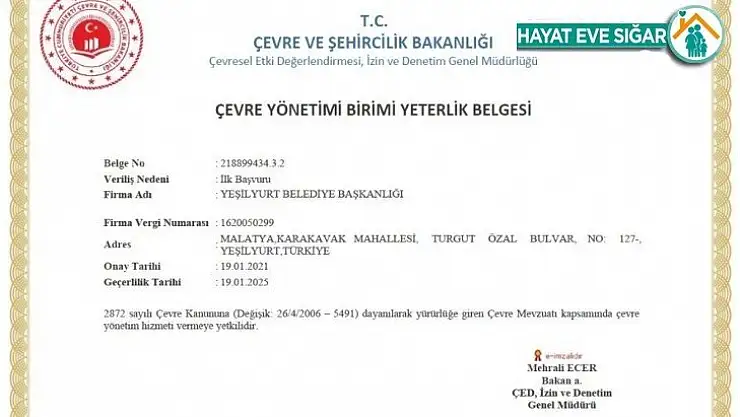 Yeşilyurt Belediyesi, çevre yönetim yeterlilik belgesini aldı