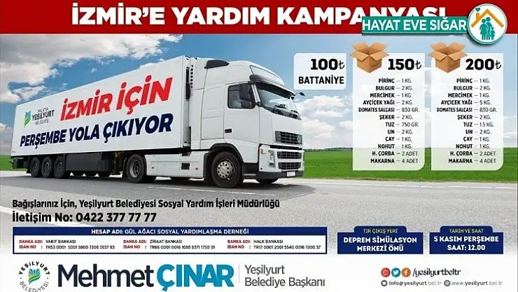 Yeşilyurt Belediyesi, İzmir'de ki depremzedeler için yardım kampanyası başlattı
