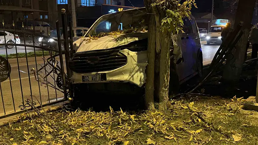 Kontrolden çıkan minibüs, refüjdeki ağaca çarparak durabildi